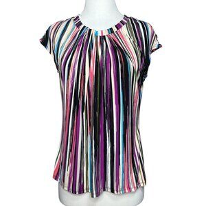 Worthington Multi Color Striped Blouse Cap Sleeve Size Medium Womens